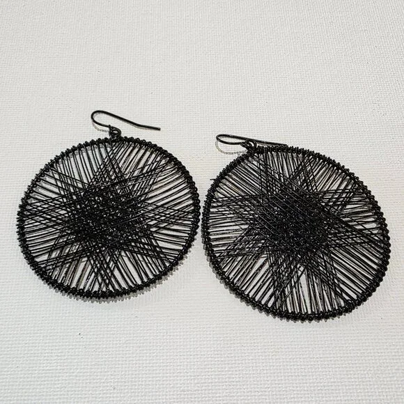 Black Round Woven Star Black Wire Dangle Hoop Pierced French Hook Earrings - Picture 3 of 9